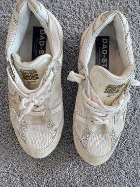 Golden Goose Cream Trainers with Gold Glitter Accents